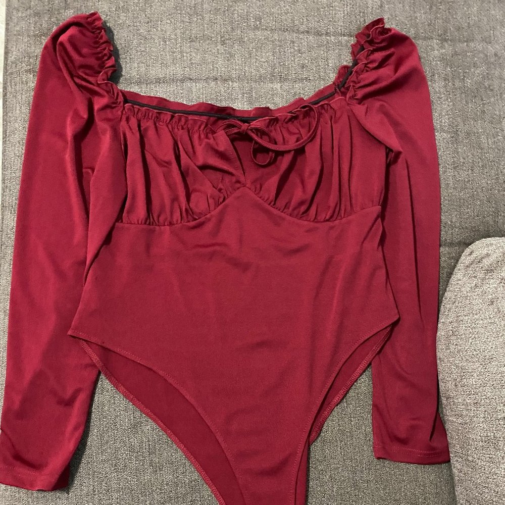 Shein- Plus Tie Front Frill Trim Bodysuit